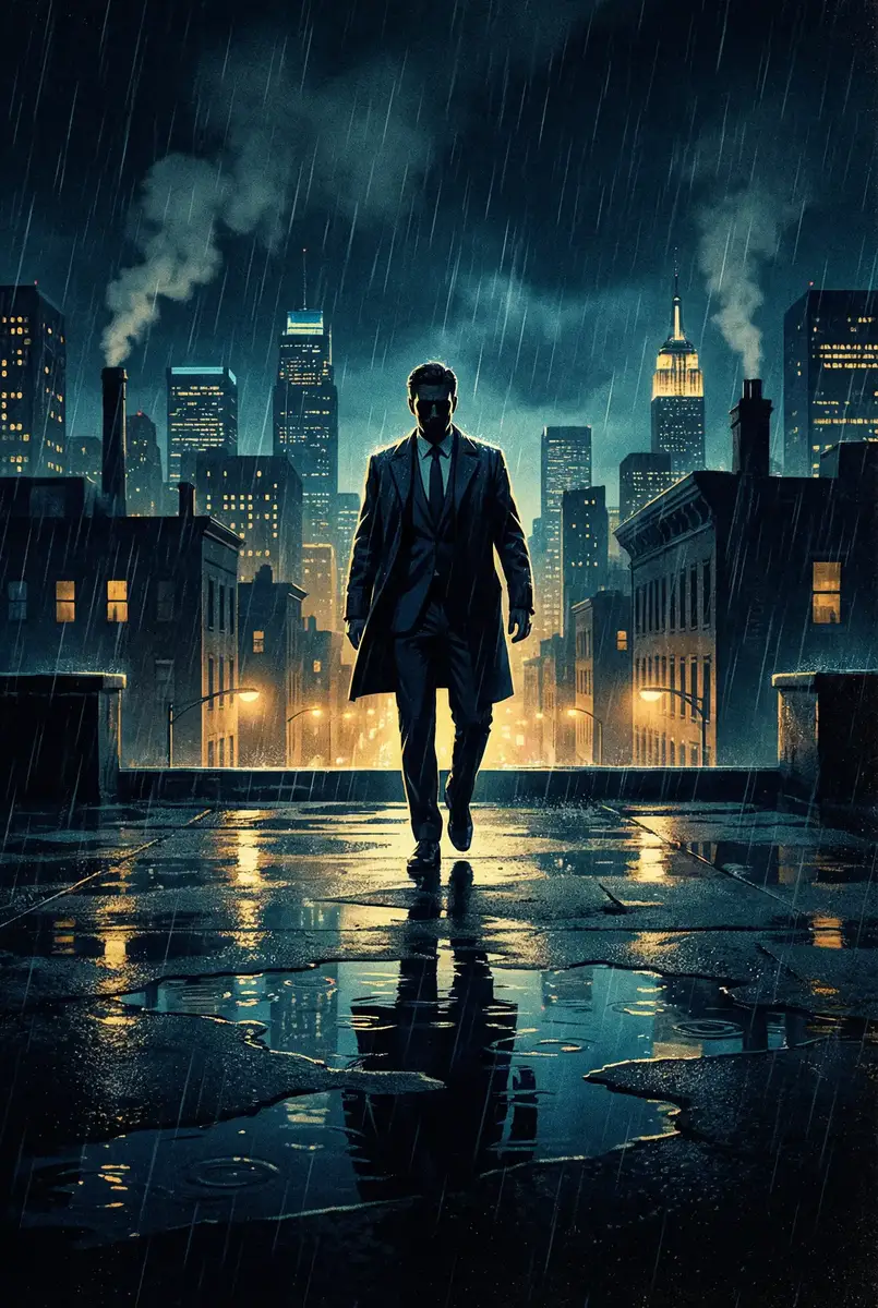 风月街的道士txt 出品影片《雨夜独行者》海报，雨中城市屋顶男性剪影